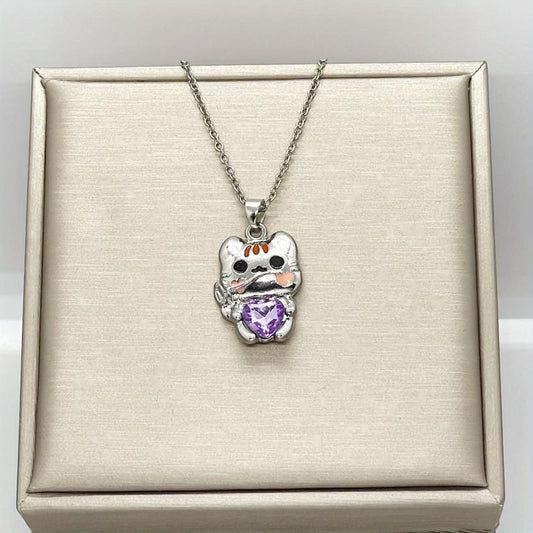 Cartoon Cat Heart Crystal Pendant Necklace Women Animal Jewelry