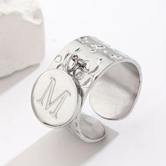 Stainless Steel M Disc Pendant Adjustable Dalmatian Ring