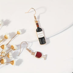 Asymmetry Red Wine Bottle Cup Dangle Drop Earrings