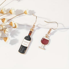 Asymmetry Red Wine Bottle Cup Dangle Drop Earrings