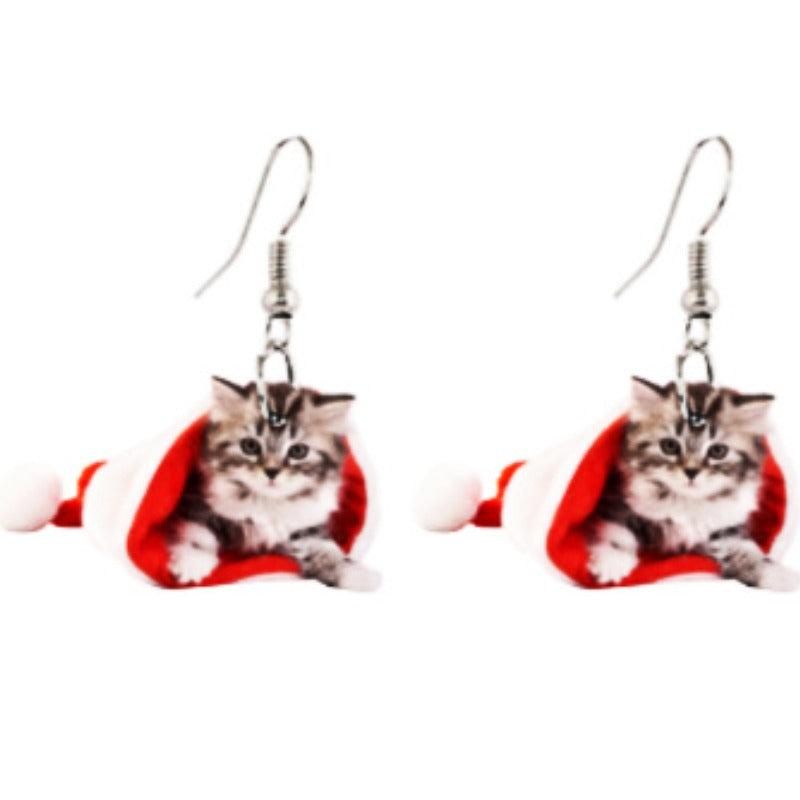 Christmas Chihuahua Santa Hat Earrings Bell Elk Christmas Tree Dangle