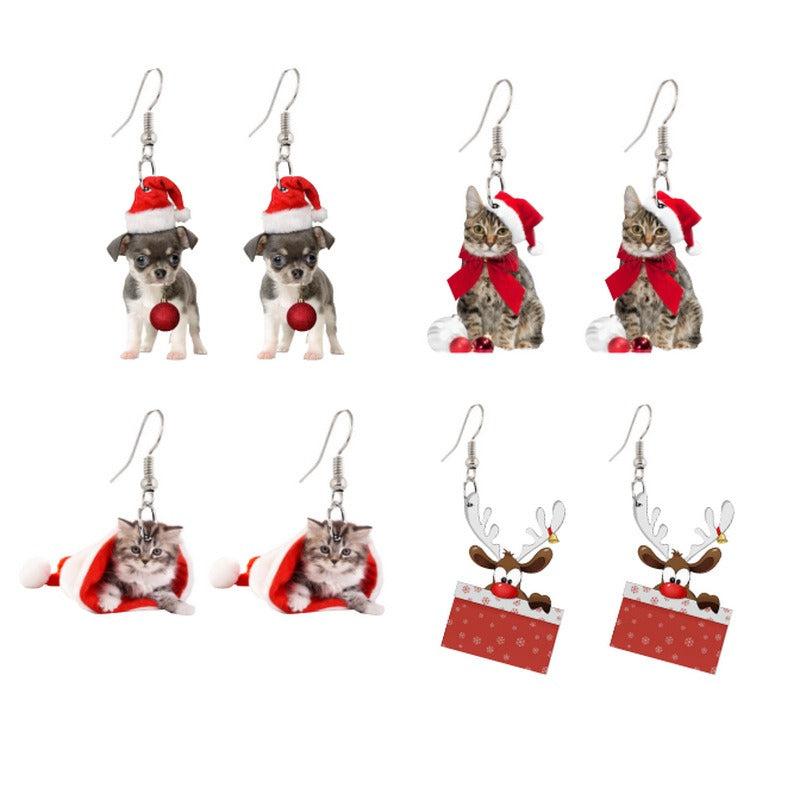 Christmas Chihuahua Santa Hat Earrings Bell Elk Christmas Tree Dangle