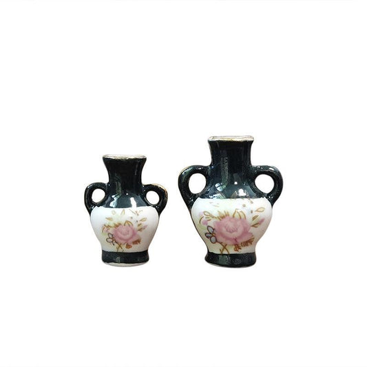 2pcs Mini Ceramic Doll House Ornaments Green Vase Food Play Model Toys