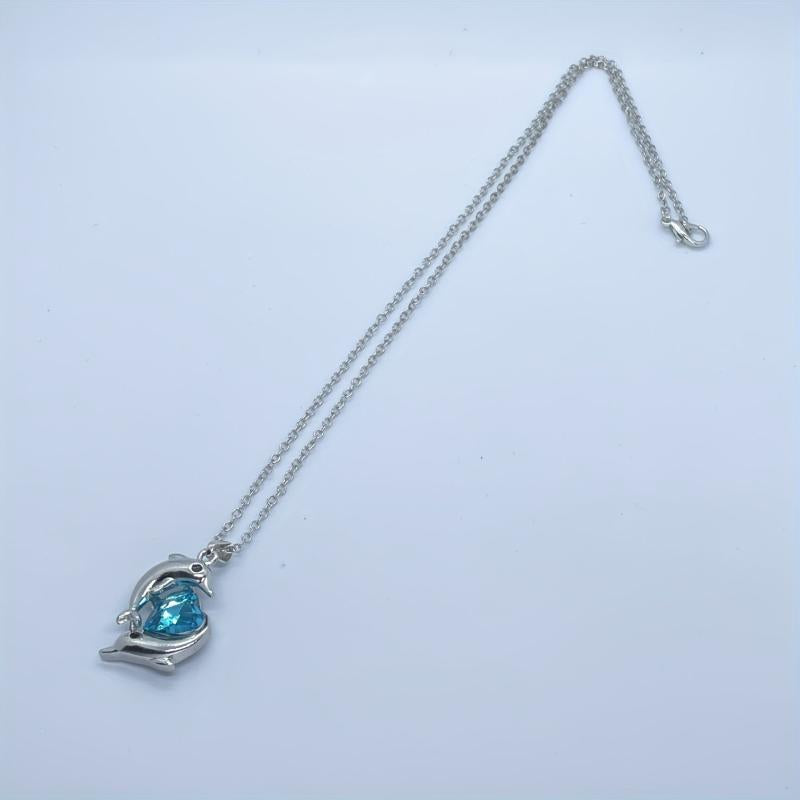 Double Dolphin Heart Crystal Pendant Necklace Gift
