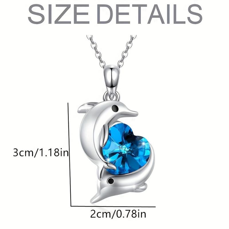 Double Dolphin Heart Crystal Pendant Necklace Gift