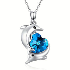 Double Dolphin Heart Crystal Pendant Necklace Gift