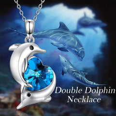 Double Dolphin Heart Crystal Pendant Necklace Gift