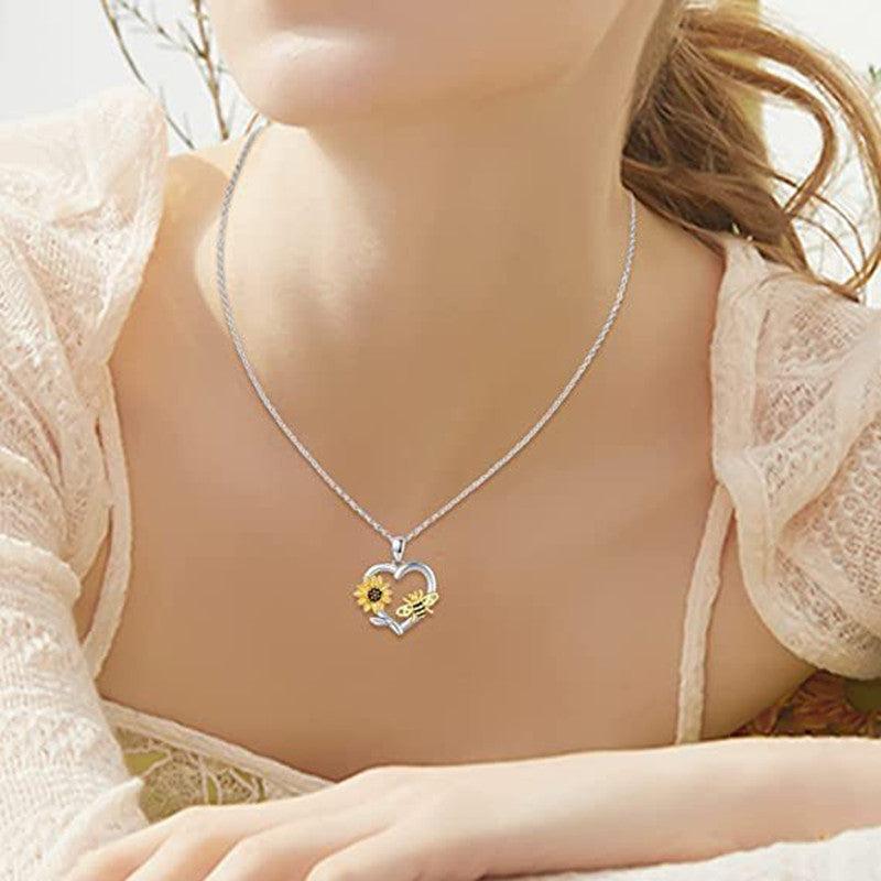 Sunflower Bee Heart Pendant Necklace