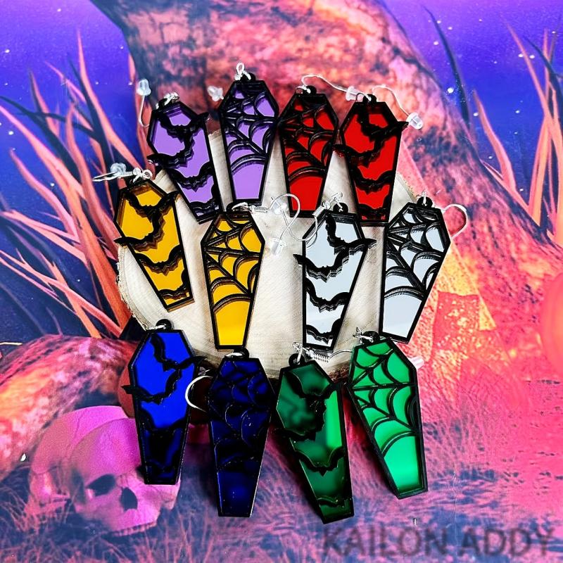 Acrylic Halloween Theme Earrings Unique Skull Spider Web Coffin Bat Jewelry