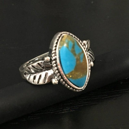 Natural Turquoise Antique Silvery Feather Ladies Ring