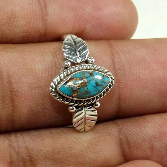 Natural Turquoise Antique Silvery Feather Ladies Ring
