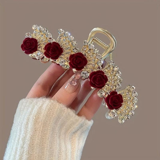 Red Rose Rhinestone Tassel Pendant Grab Clip Hair Accessory