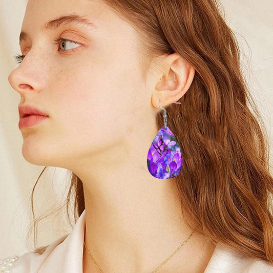 Purple Flower Butterfly Print Dangle Earrings