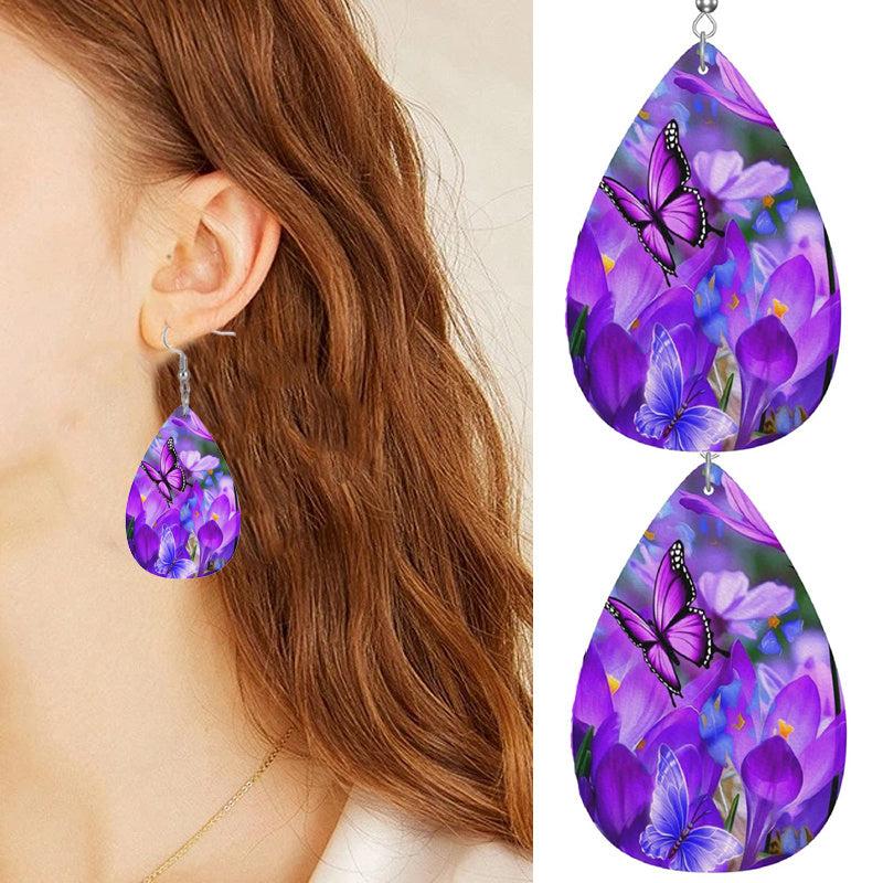 Purple Flower Butterfly Print Dangle Earrings