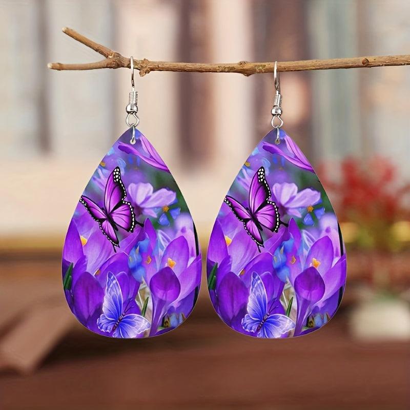 Purple Flower Butterfly Print Dangle Earrings