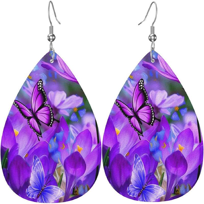 Purple Flower Butterfly Print Dangle Earrings