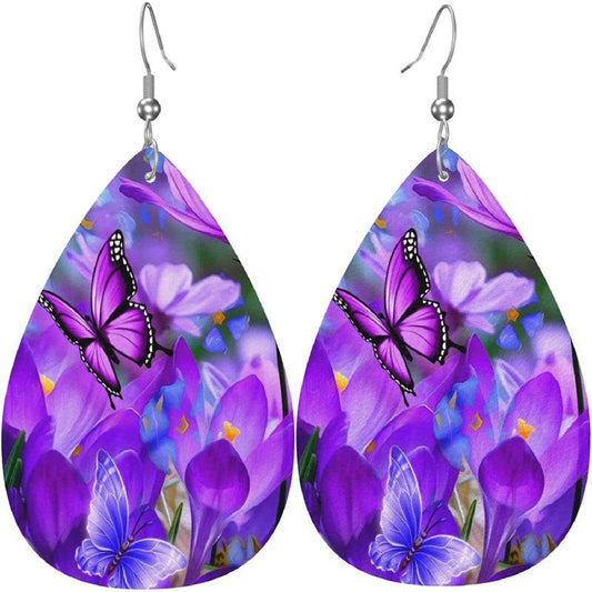Purple Flower Butterfly Print Dangle Earrings