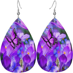 Purple Flower Butterfly Print Dangle Earrings