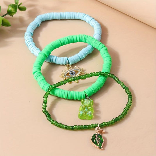 Bohemian Ethnic Bracelet Eye Leaf Bear Pendant Polymer Y2 Stacked Bracelet Set