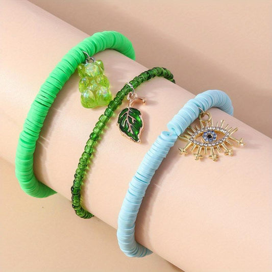 Bohemian Ethnic Bracelet Eye Leaf Bear Pendant Polymer Y2 Stacked Bracelet Set