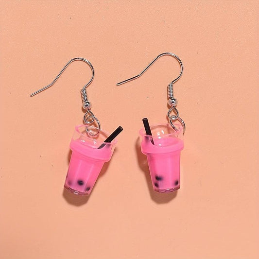 Creative Simulation Pearl Milk Tea Earrings Funny Girl Ear Drop Earrings