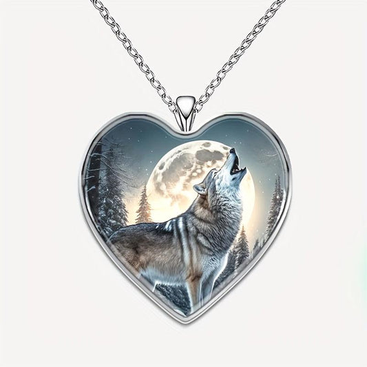 Wolf Under The Moon Heart Pendant Necklace Animal Print Halloween Gift