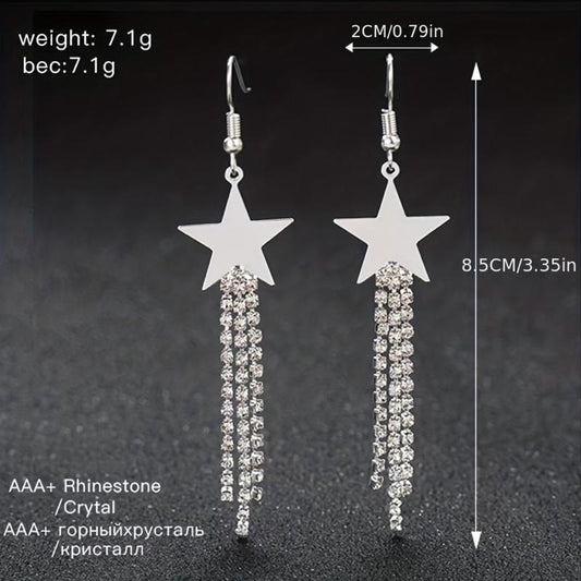 Long Star Tassel Earrings with Rhinestones