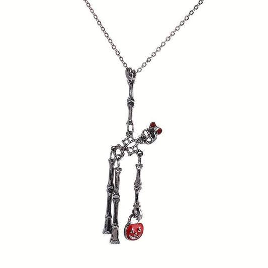 2pcs Halloween Skeleton Earrings & Pumpkin Key Chain Necklace Set
