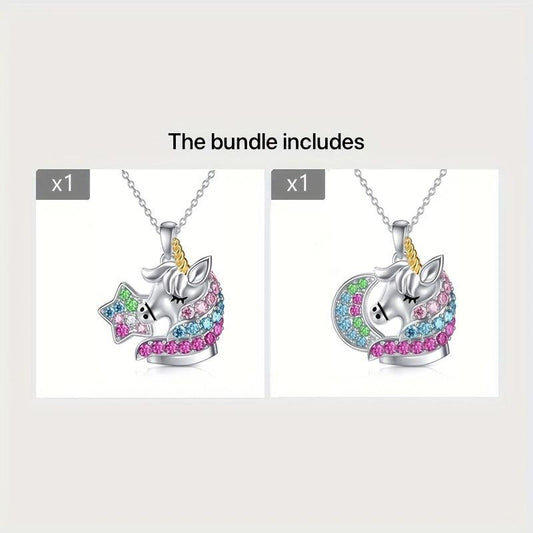 Colorful Rhinestone Unicorn Pendant Necklace Girl Fantasy Princess Decoration