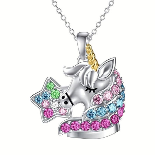 Colorful Rhinestone Unicorn Pendant Necklace Girl Fantasy Princess Decoration