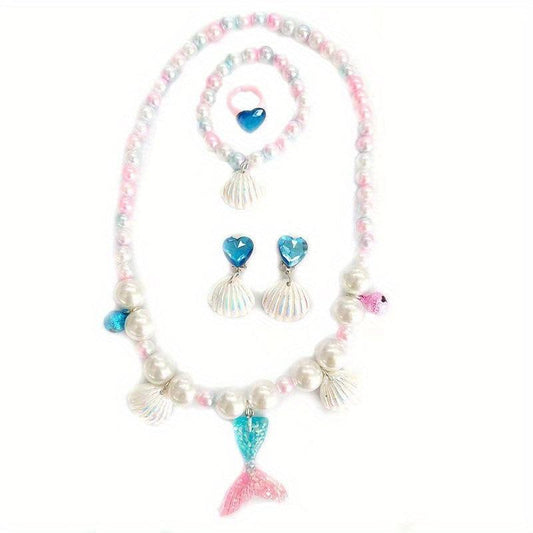 Girls Pearl Bracelet Ring Set Purple Mermaid Tail Necklace