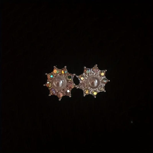 Diamond Pearl Sunflower Stud Earrings For Women