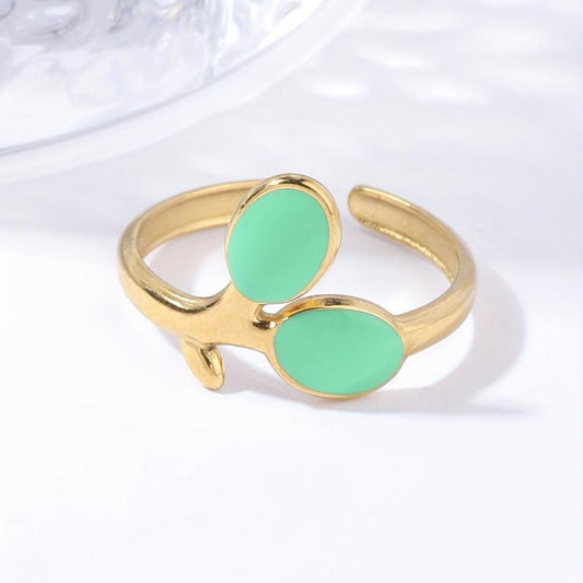 Pink Green Leaf Plated Ring 18K Stainless Steel Adjustable