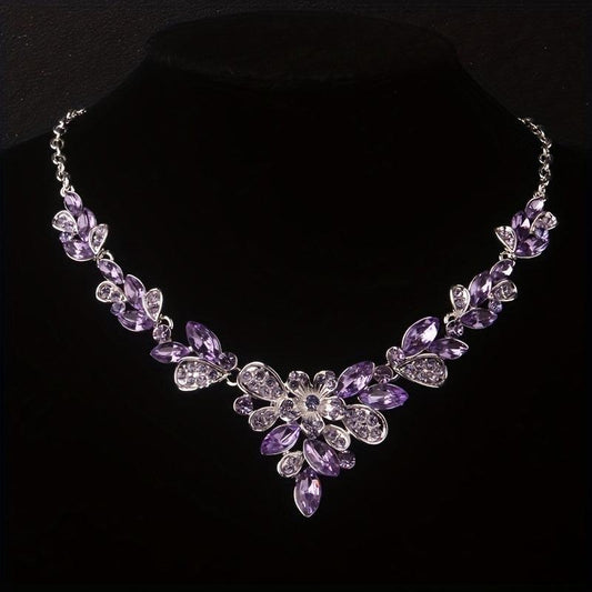 High-End Purple Rhinestone Necklace Earring Set