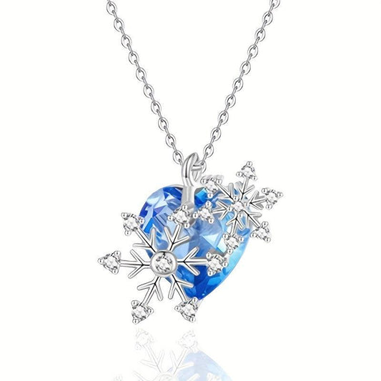 Heart-Shaped Sapphire Crystal Snowflake Pendant Necklace