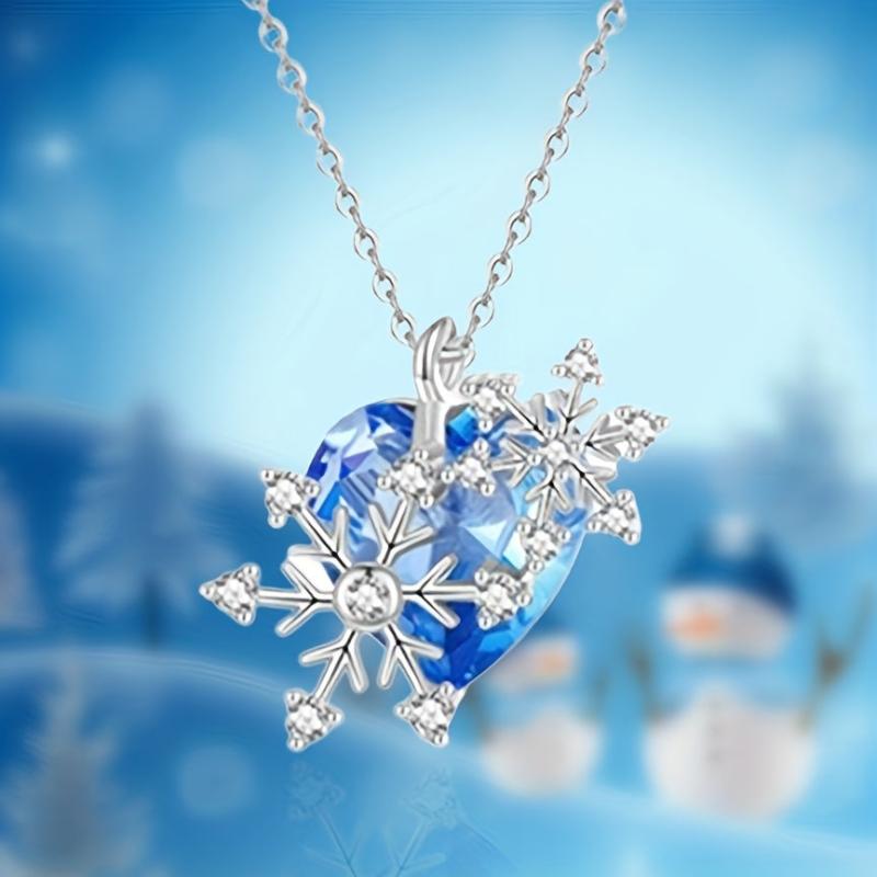 Heart-Shaped Sapphire Crystal Snowflake Pendant Necklace