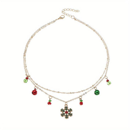 Christmas Bell Snowflake Necklace Double Layer Clavicle Chain