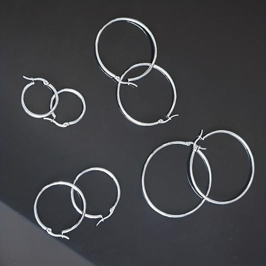 4 Pairs Round Stainless Steel Circle Earrings, Hypoallergenic Ear Studs