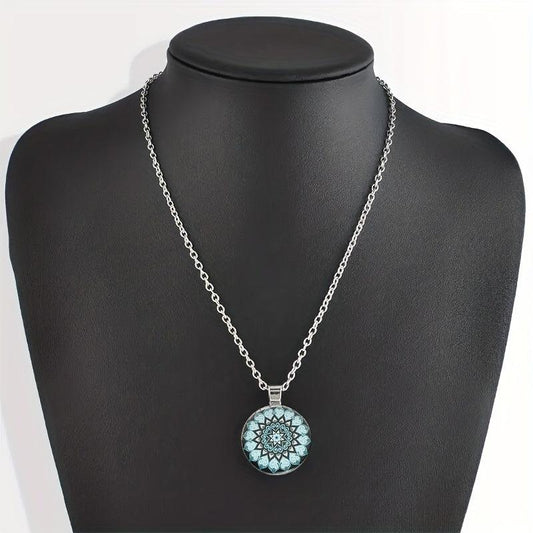 Round Flower Print Crystal Bead Pendant Necklace For Men And Women