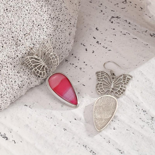 Butterfly Pattern Inlaid Red Synthetic Stone Retro Earrings