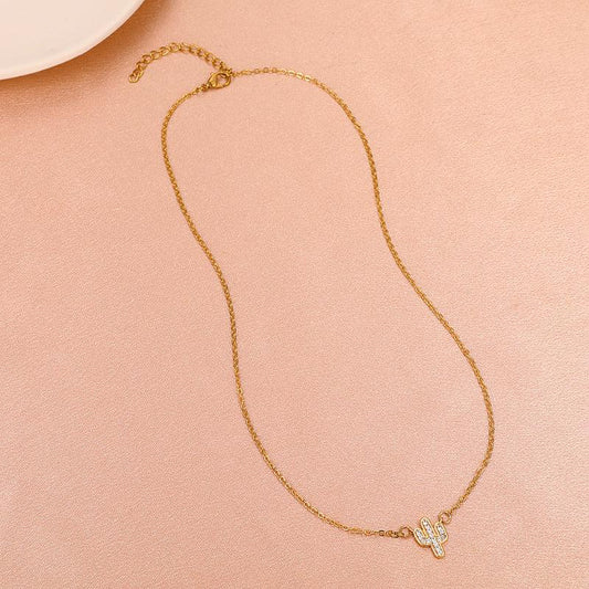 Cactus Shaped Pendant Necklace with Crystal Inlay