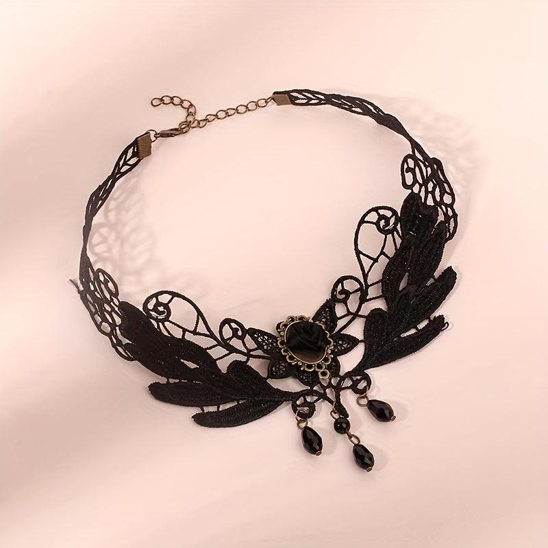 Gothic Retro Lace Rose Necklace Short