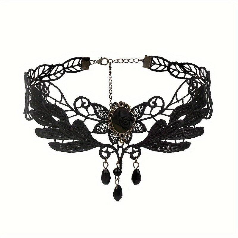 Gothic Retro Lace Rose Necklace Short