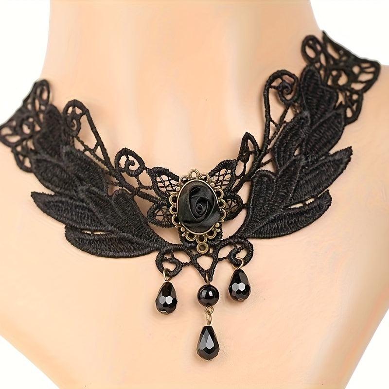 Gothic Retro Lace Rose Necklace Short