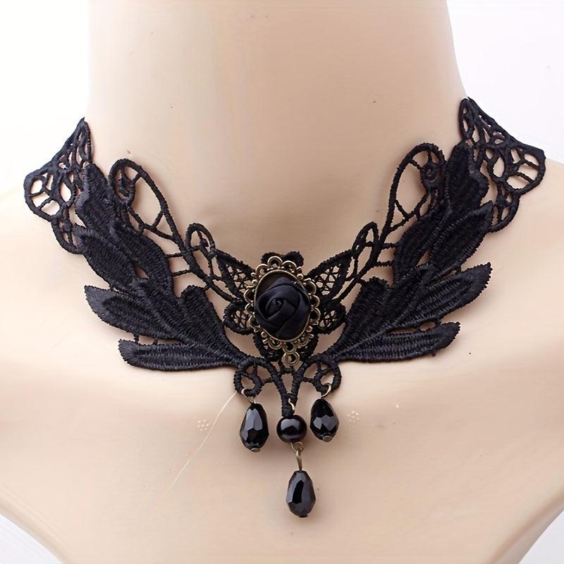 Gothic Retro Lace Rose Necklace Short