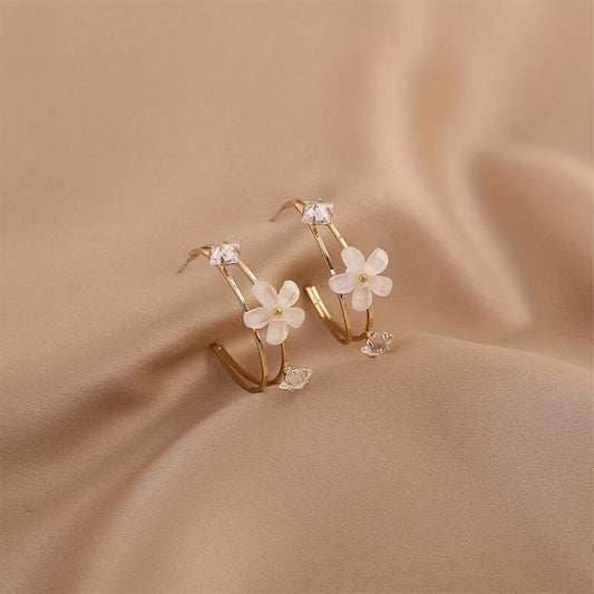 C Ring Flower Earrings with Artificial Diamond