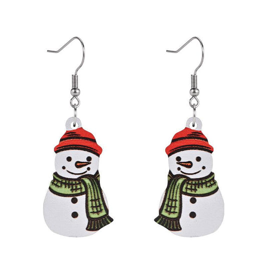 Red Hat Snowman Wooden Earrings Holiday Gift Sweet Jewelry