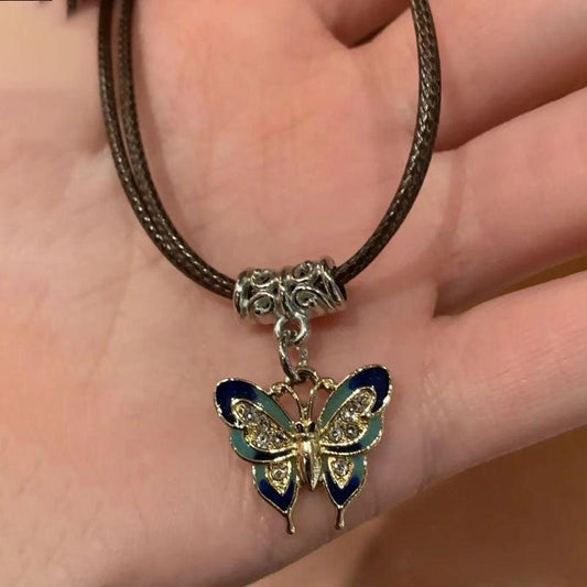Retro Butterfly Pendant Necklace Women's High End Sense Of Leather Rope Collar
