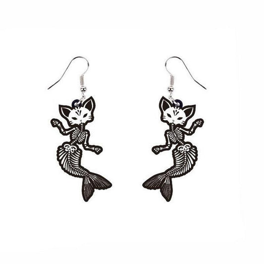 Halloween Grey Skull Mermaid Tail Bone Earrings