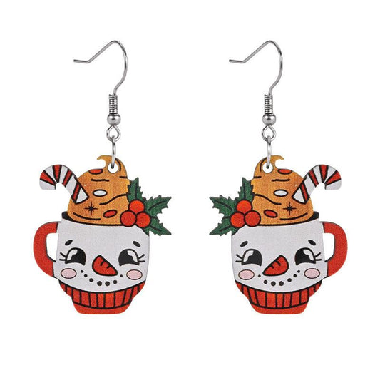 Snowman Ice Cream Cup Wooden Earrings Holiday Party Jewelry